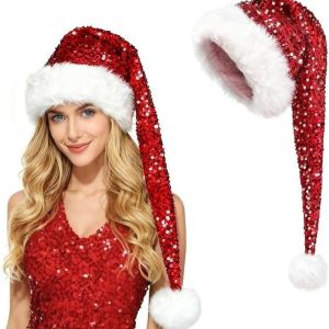 PHANT Plush Sequin Christmas Hat Long Solid Color Santa Claus Hat Cosplay Supplies 75cm Xmas Cap Adults