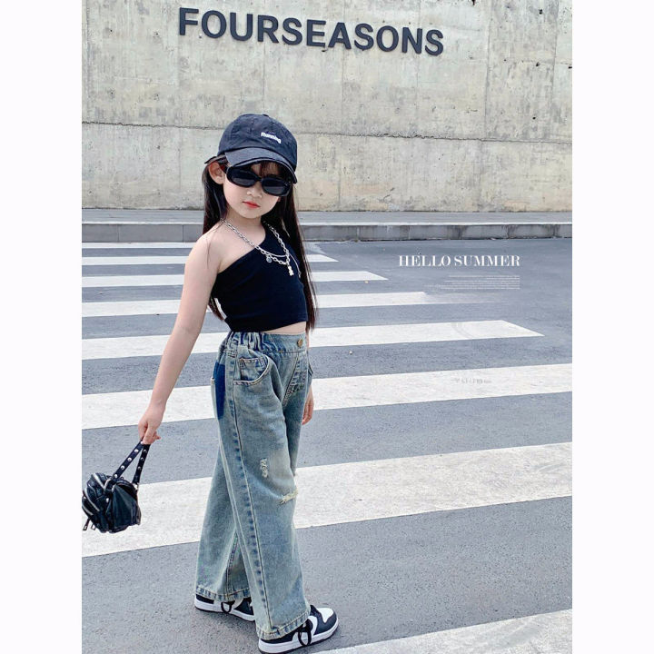 Girls One-Shoulder Tanks Plain Cotton Kids Oblique Shoulder Sling