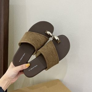 [Free Shipping] Korean-style linen slip-on sandals for women simple and comfortable with metal decoration flat soft sole non-slip summer sandals for women