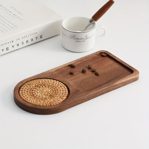 Vixplorn Solid Wood Coffee Tray With Rattan Mat Coaster Slot Cashew Curved Serving Tray Cake Tea