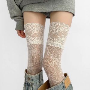Women Lace Fishnet Thigh High Stockings Japanese Style JK Girl Sweet Lace Trim Frilly Over Knee Long Socks