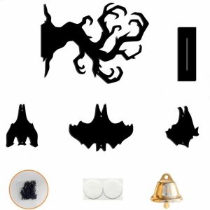 RUMI with Bell Inverted Branch Bat Wind Chime 2D Flat Spooky Hanging Door Bell Holiday Decor Acrylic Hanging Bat Pendant Halloween