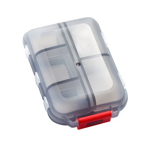 Portable pill box with interior compartment lids easy to open and carry for outdoor activities.