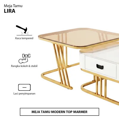 Meja Tamu LIRA / Meja Tamu Minimalis 2in1 Kaca Tempered + Laci Penyimpanan Rangka Besi Gold