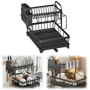 42×30CM Thickened Carbon Steel Dish Drying Rack Large Capacity & Space Saving 2 Tier Dish Drying Rack with Drainboard Non-Slip for Bowls Cutlery Kitchen Counter