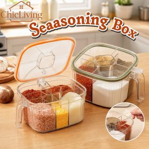 ChicLiving Multi Grid Spice Jar Transparent Lid Condiment Storage Box Salt Sugar Pepper Chili