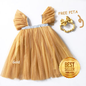 Dress Pesta Warna Kuning Gold Party Elegant GRATIS PITA Gaun Tutu Anak 1 Tahun Terlaris 2023 Baju Bayi Perempuan 6 12 Bulan Warna Emas Gold Kunyit Glitter Bahan Tile Soft Jatuh Premium KAP110
