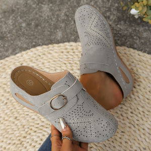 [Free Shipping] Summer New Style Closed-Toe Half Slippers With Straps Wedge Heel WomenS Sandals Large Size Hollow-Out Sandals