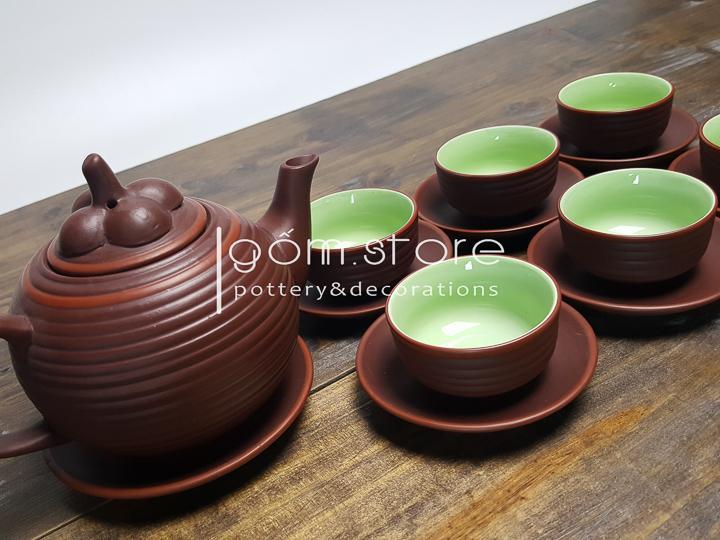 Ấm trà tử sa Bát Tràng dáng măng cụt (Bộ ấm chén trên không kèm khay)