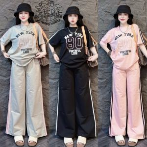 Korean Style Women’s 2-Piece Outfit – Short Sleeve Graphic Tee + Wide Leg Pants Set | Loose Vintage Casual Look | Trendy Streetwear for Daily Wear | Black / Pink / Brown | #COD Available