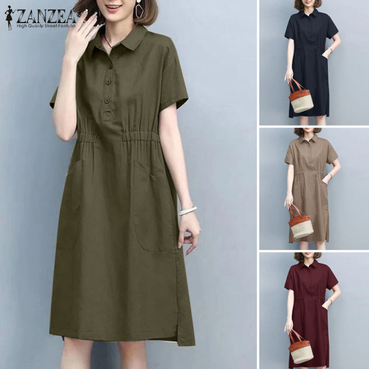 Esolo Zanzea Korean Style Women Short Sleeve V Neck Shirt Dress Summer Plain Office Long Dress