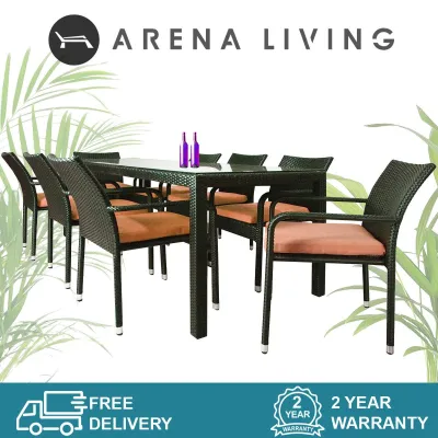 [Bulky] [SG Seller] Geneva 8 Chair Dining Set Orange Cushion (2 Year Warranty) | Arena Living | Balcony Furniture | Outdoor | Garden | Patio | Living Room | Water-Resistant | Ultra Durable | Luxury | Aluminium Inner Frame
