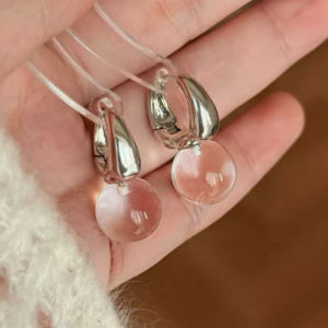 Clear Crystal Round Ball Pendant Earrings Hoop Korean Women Daily Party Wear Minimalist Silver Plated Earrings Fashion Jewelry
