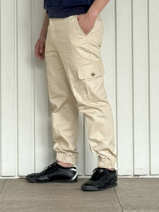 Beige men cargo pants slim side pocket regular fit