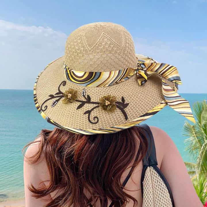 fashion Women Sun Hat wide brim straw hat Summer Beach Cap Travel sun hat  Ribbon design Hat Lazada PH