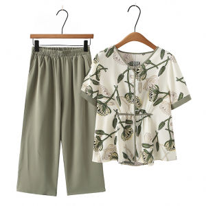 Womens Suit Korean Style Casual Printed Short Sleeve + Wide Leg Pants Two-Piece Suit 6016