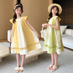 New Summer High Quality Kids Children Fly Sleeveless Patchwork Cotton Dress for Tweens Girls Age 5 6 7 8 9 10 11 12 13 14 Years
