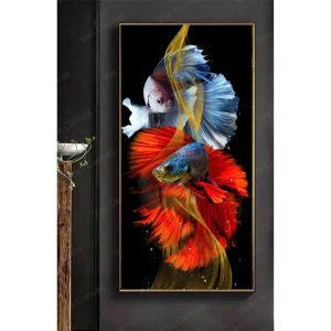 Tranh treo tường tráng gương đôi cá tài lộc trang trí phòng kháchnhà hàng khách sạn kèm đinh treo