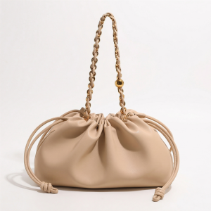 Womens Bag Sophisticated Beige Underarm Bag Soft Ruched Cloud Shape Gold Chain Lightweight Travel Purse