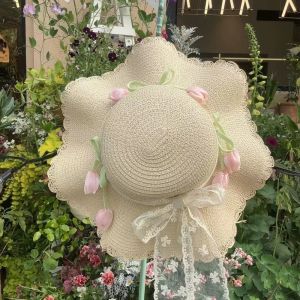 COSE Korean Style Lace Tulip Sun Hat Sweet Wide Brim Bow Sunscreen Hat Simple Elegant Straw Woven Hat Ladies