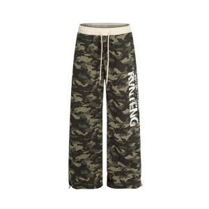 [Summer camouflage letter print trousers]กางเกงขากว้างลายพรางทรงตรงเอวสูงสไตล์เรโทรสำหรับผู้หญิงในช่วงฤดูร้อน