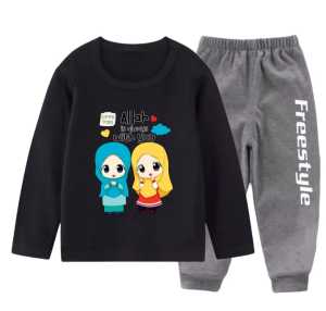 set kaos atasan celana joger anak perempuan motif gadis kembar hijab muslim lengan panjang usia 1-11 tahun bahan baby terry lembut