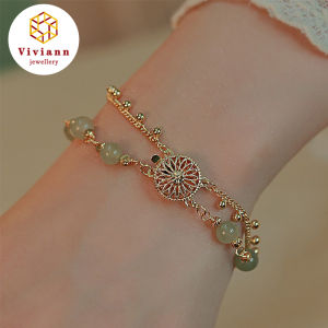 Viviann Original Jade Bracelet Womens Retro French Double Layered Bracelet Chinese Style Unique Ancient Gold Craft Pendant Female Jade Bracelet For Women Girls Amulet Jewelry Mothers Day Gifts Gold Color Wrist Ladies Wear Jewelry