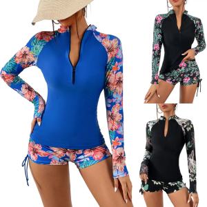 ชุดว่ายน้ำสองชิ้นสำหรับผู้หญิงชุดว่ายน้ำ Rashguard แขนยาวพิมพ์ลายดอกไม้พร้อมกางเกงเด็กผู้ชายชุดเล่นเซิร์ฟอาบน้ำสำหรับนักกีฬา