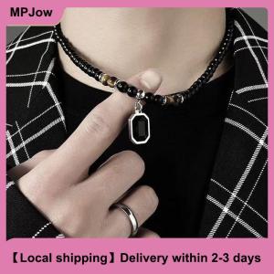 【Local shipping】 Black Beads With Square Pendant Necklace For Men Trendy Accessories Jewelry Male Gift Decoration