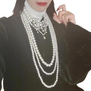 Long Multi Strand Faux Pearls Necklace Adjustable Layering Clavicle Chain with Accent Fashion Accessory