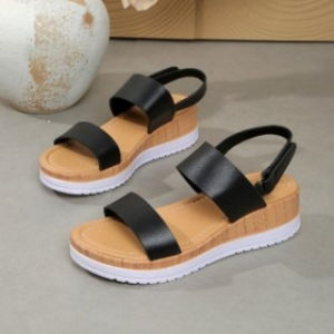 [Free Shipping] New Summer Collection: WomenS Large-Size Casual Beach Sandals With A Double-Strap Design A Wooden-Grain Pattern A Wedge Heel And A Thick Sole