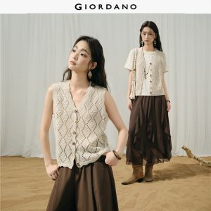 Giordano Women Openwork crochet knit v-neck scalloped trim vest Free Shipping 18356715
