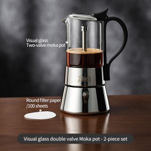 BINCOO Moka Pot Stainless Steel Dual-valve Brewing Coffee Pot Espresso Home Small Coffee Maker with Electric Stove Coffee Utensils Set 2cups