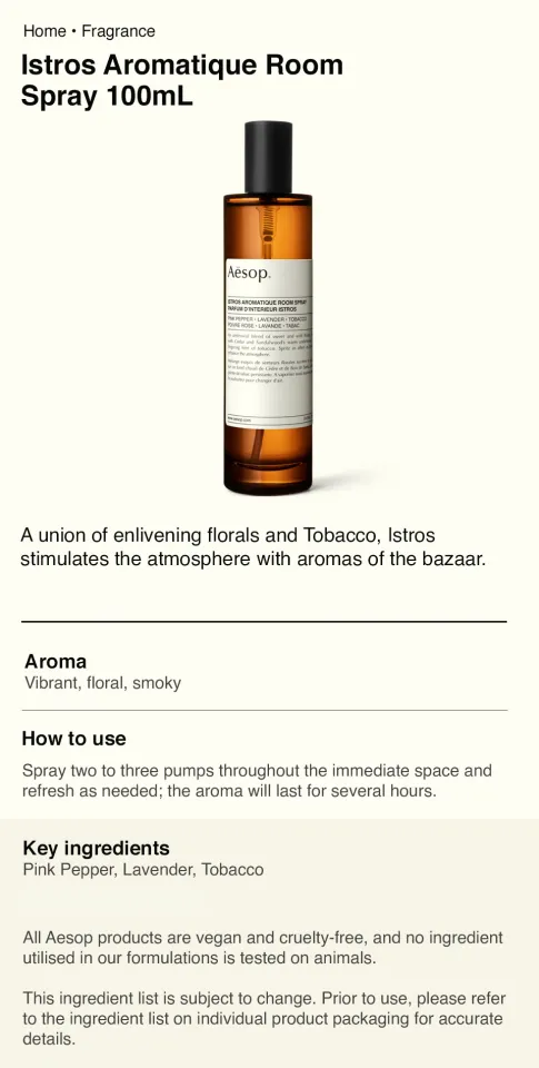 aesop pink pepper lavender tobacco Aromatique Istros Inspired Room Spray - As Bazar - 120 ml If you spray two to three pumps of Istros Aromatique Room Spray Aesop Istros Aromatique Room Spray