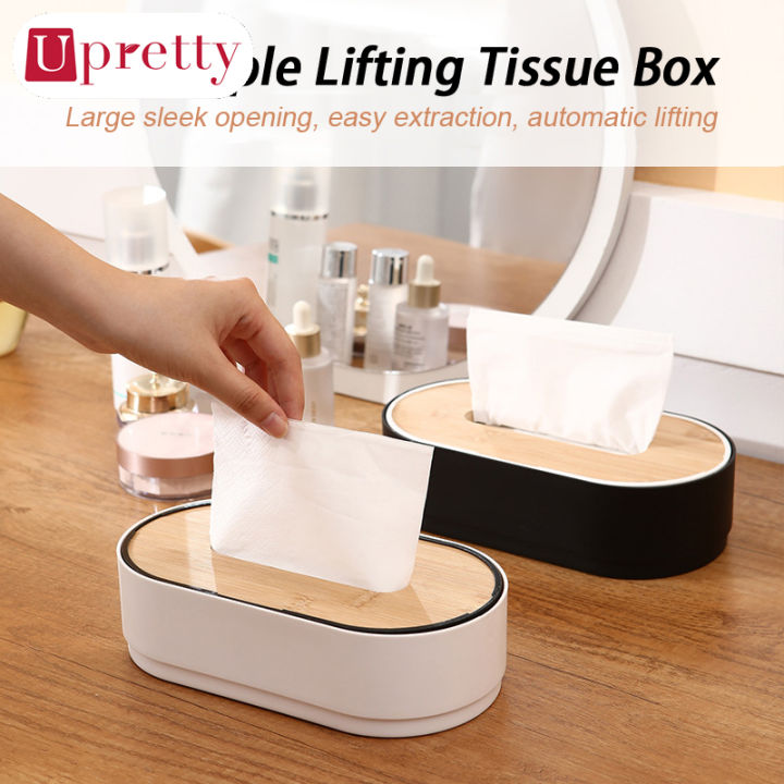 Upretty Tissue Storage Box Case Automatic Lifting with Wooden Lid for ...