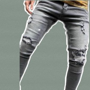 Celana Panjang Jeans Bahan Denim Model Ripped Style Warna Abu abu