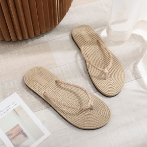 [Free Shipping] New Summer WomenS Flip-Flops Faux Straw Woven Flat-Soled Outdoor Beach Sandals With Flat Heel And Sole