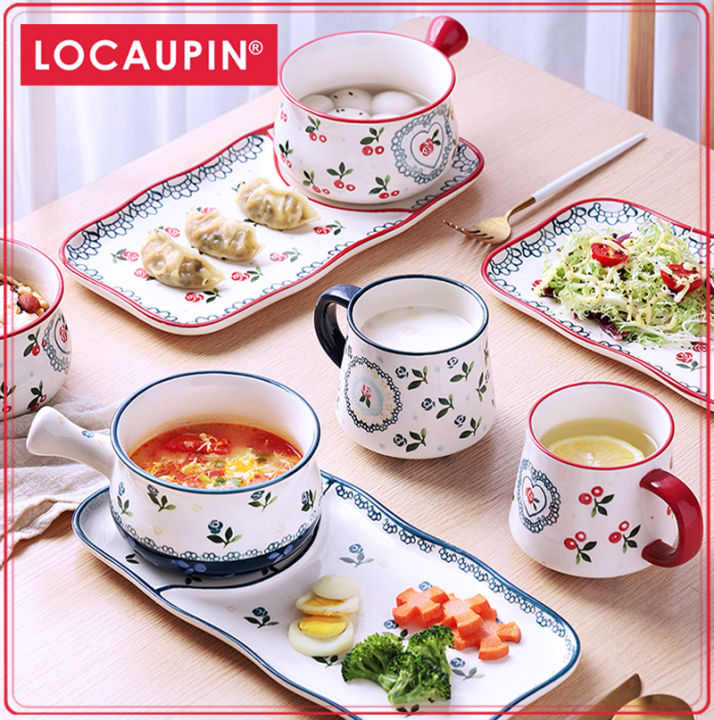 Locaupin Ceramic Breakfast Bowl Set with Handle for Oatmeal, Bread