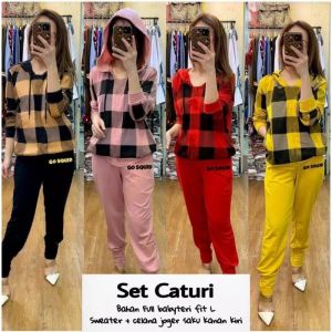 Set CATURI /setelan wanita / BISA COD / training stelan hodie celana panjang joger bahan kaos babyterri melar murah meriah muat bb 60