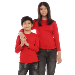 Kaos Polos Anak Oneck Lengan Panjang Bahan Katun Combed 30s Warna Merah Solid