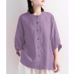 Cotton and Linen Shirt Women Retro Lantern Sleeve Shirts Plus Size Tops Loose Short Sleeve Blouse Solid Color Chinese New Year Clothes
