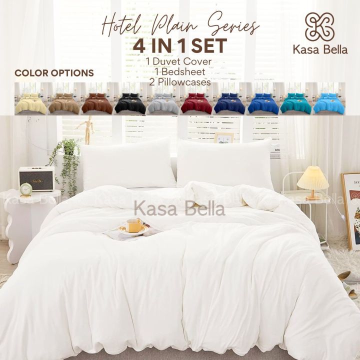 Kasa Bella in Plain Duvet Cover Set with Bedsheet Bed Sheet Cover  with Garter, Duvet Comforter Cover with Zipper Pillowcases Single 