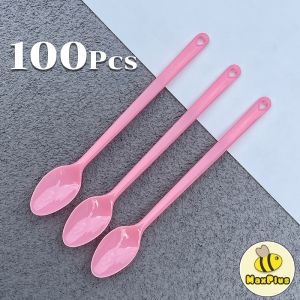 MaxPlus 100pcs Disposable Plastic Spoon Colored Long Teaspoon for Dessert Milk Tea Sorbet