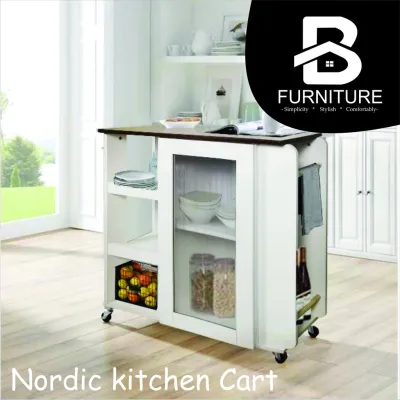 Kitchen Cart with Solid Rubber Wood Top Portable Kitchen Island Shelf Storage Trolley Cart Rak Troli Dapur Masak