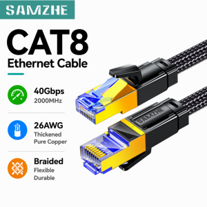 SAMZHE Cat8 Ethernet Cable 40Gbps 2000MHz 26AWG Pure Copper Braided RJ45 LAN Cable for Gaming