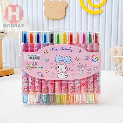 【HOORAY】12 Colors Rotating Crayon Sanrio Twistable Crayon Student Drawing Colored Pencils Colorful Kids Drawing Supplies #BK0230#