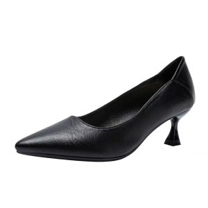 [LS] Close Shoes with Heels Formal Office Shoes Pointed Toe Comfortable Soft Skin Black School Shoes