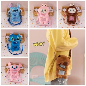 495HS Soft Labubu Ita Bag Anti-dust Cartoon Transparent Plush Phone Bag Pink Furry Stitch Crossbody Bag Women