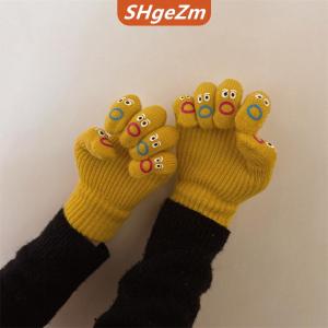 [COD] SHgeZm 1 đôi phụ nữ hài hước biểu hiện trên khuôn mặt găng tay dệt kim đầy đủ ngón tay Găng tay mềm Crochet găng tay hoạt hình biểu hiện lái xe găng tay