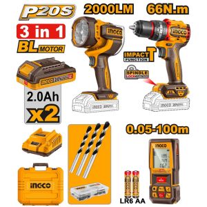 INGCO 3PC 66NM IMPACT DRILL +2000LUM LAMP+100M LASER DISTANCER COMBO COSLI250885